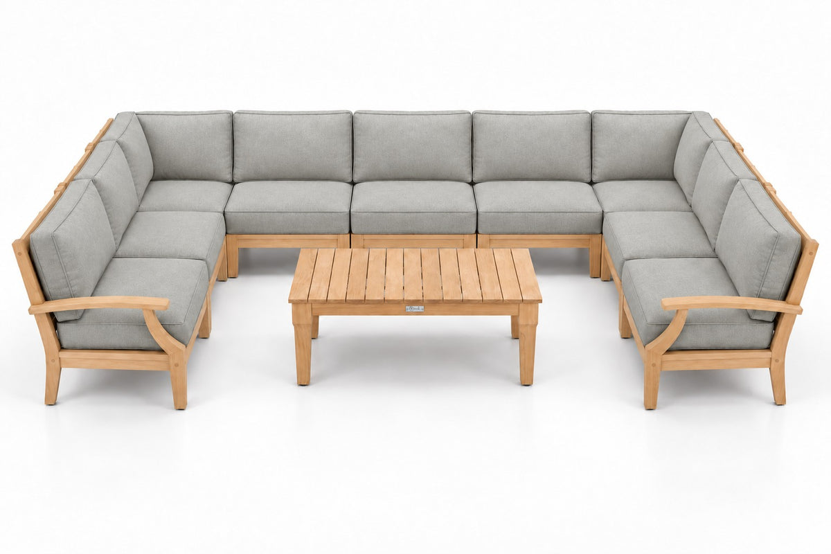 Mila Teak Outdoor U-Shape Sectional – 10 Piece in Sunbrella 5402 Canvas Granite | Jr's Patio San Diego
