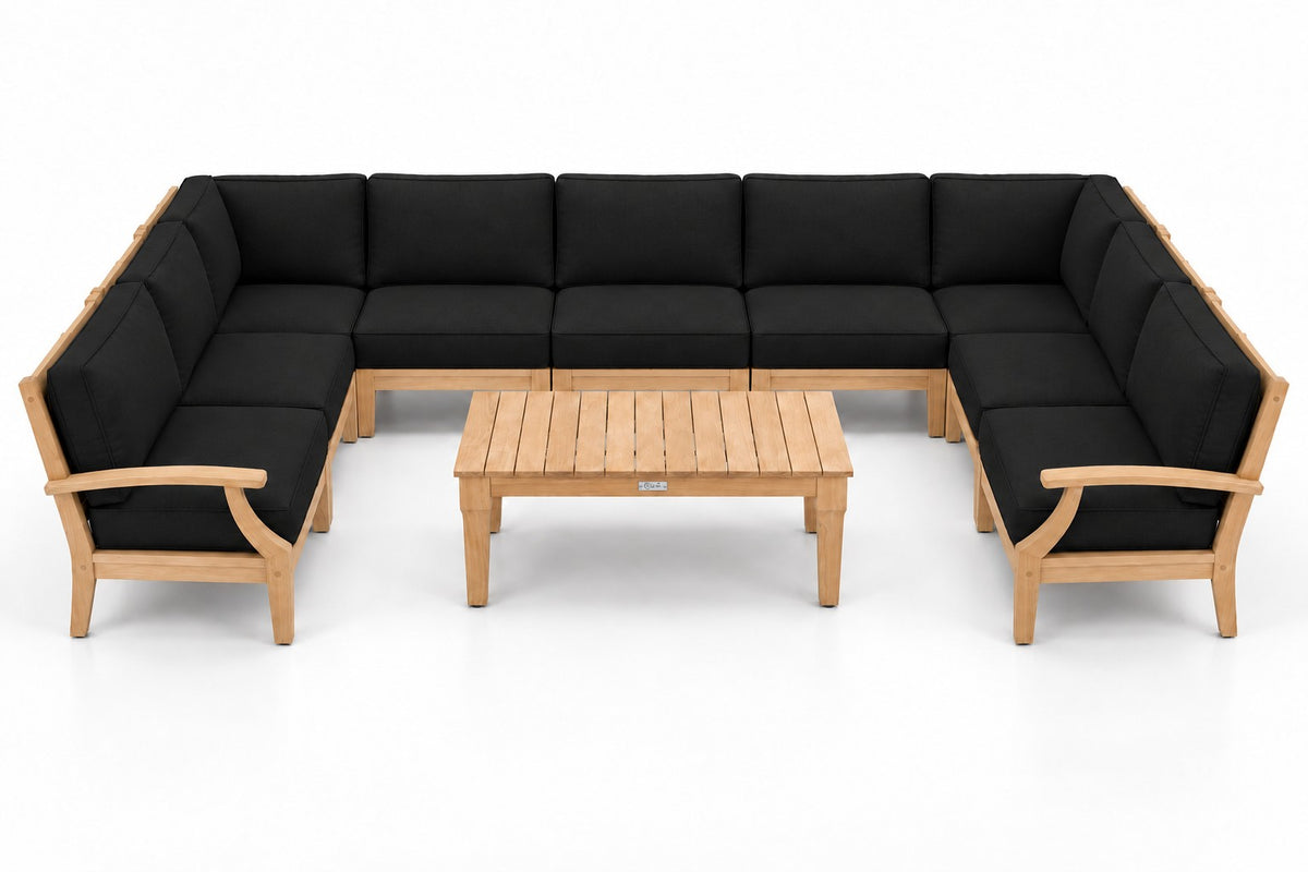 Mila Teak Outdoor U-Shape Sectional – 10 Piece in Sunbrella 5408 Canvas Black | Jr's Patio San Diego