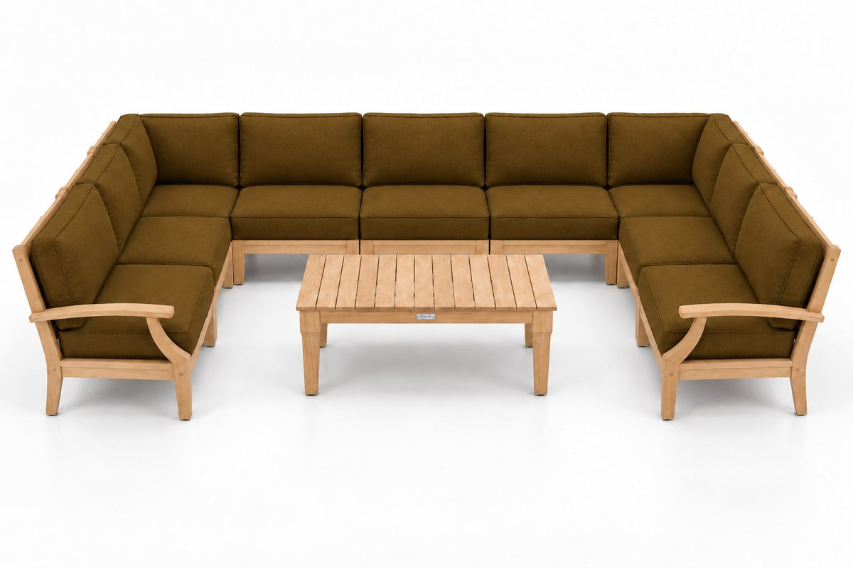 Mila Teak Outdoor U-Shape Sectional – 10 Piece in Sunbrella 5488 Canvas Teak | Jr's Patio San Diego