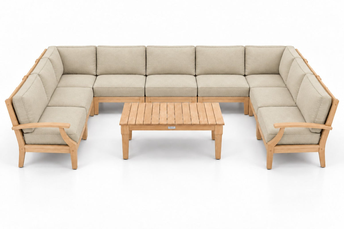 Mila Teak Outdoor U-Shape Sectional – 10 Piece in Sunbrella 5492 Canvas Flax | Jr's Patio San Diego