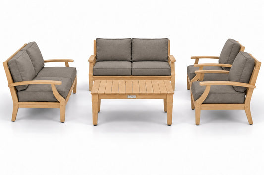 Mila Teak Outdoor Sofa Conversation Set – 5 Piece in Sunbrella 40432 Cast Shale | Jr's Patio San Diego