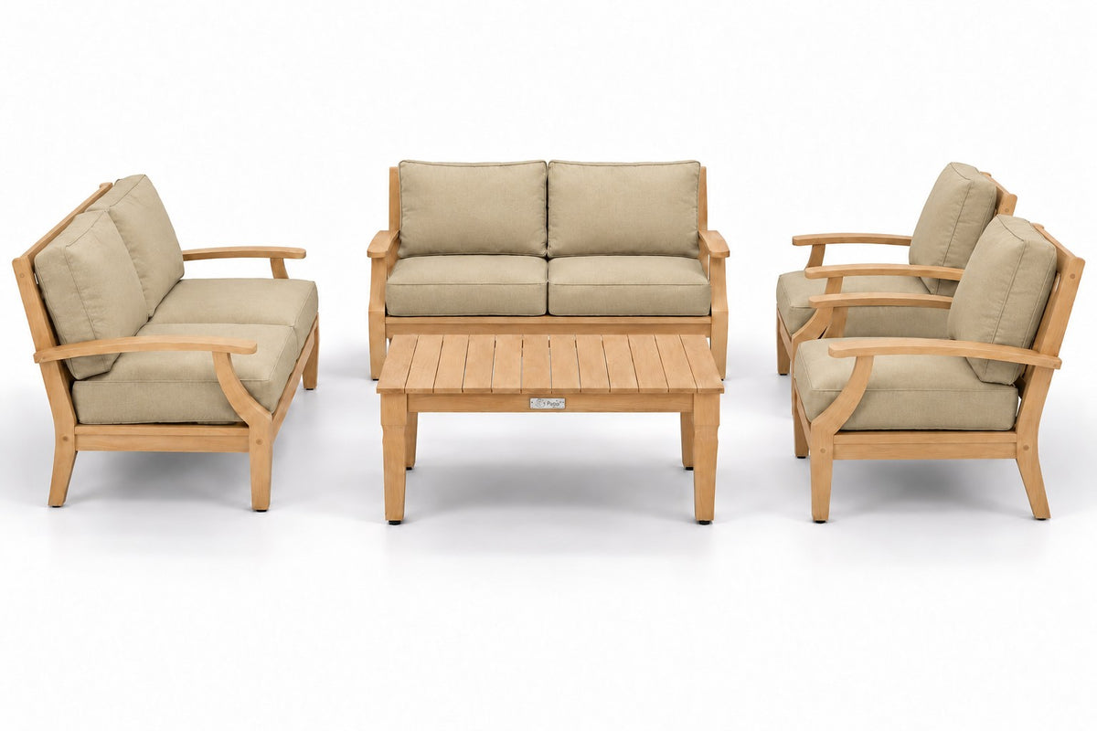 Mila Teak Outdoor Sofa Conversation Set – 5 Piece in Sunbrella 48019 Spectrum Sand | Jr's Patio San Diego