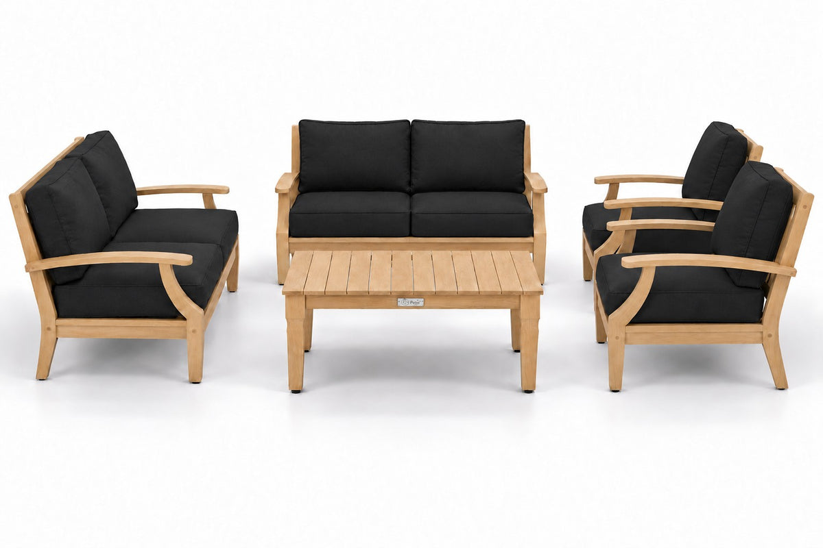 Mila Teak Outdoor Sofa Conversation Set – 5 Piece in Sunbrella 5408 Canvas Black | Jr's Patio San Diego