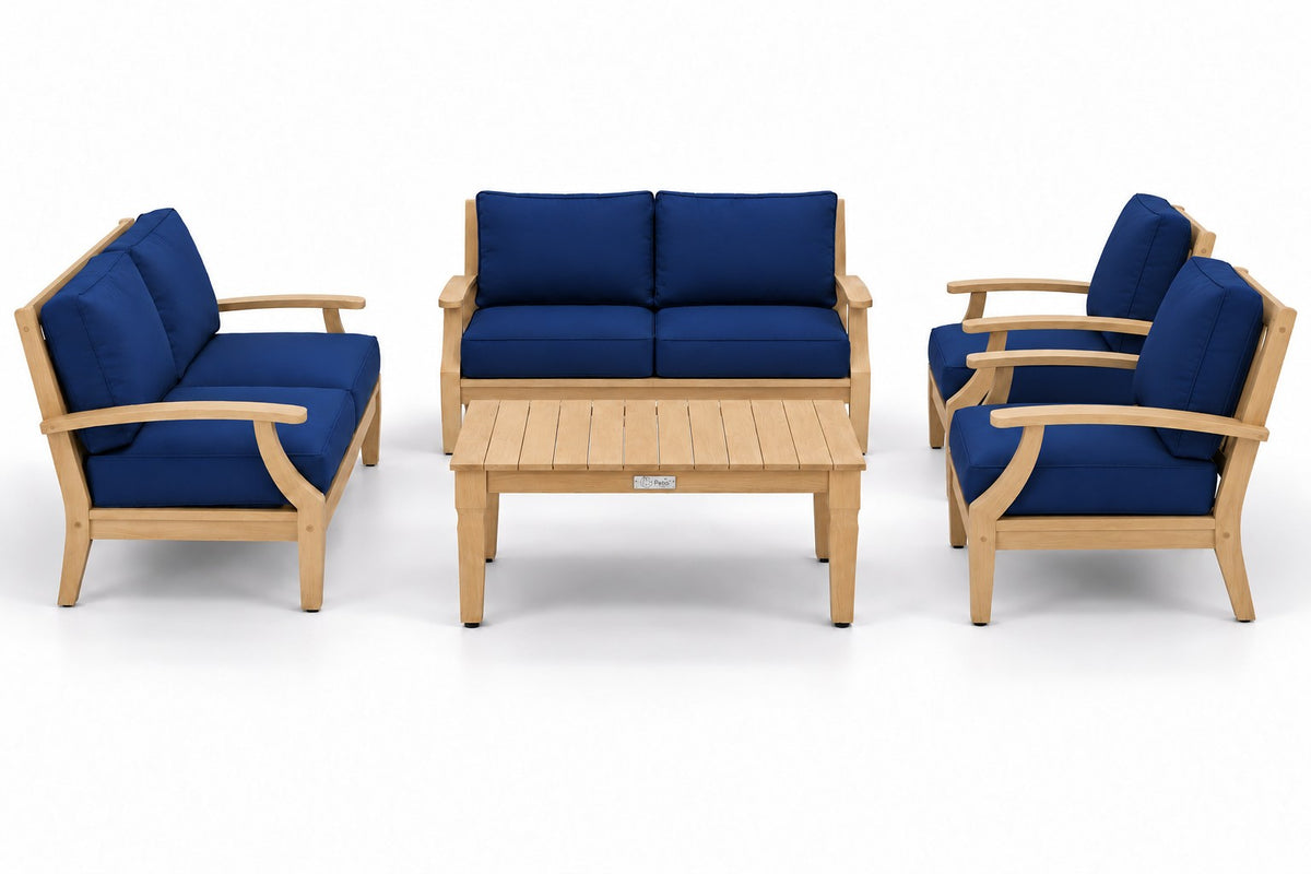 Mila Teak Outdoor Sofa Conversation Set – 5 Piece in Sunbrella 5439 Canvas Navy | Jr's Patio San Diego