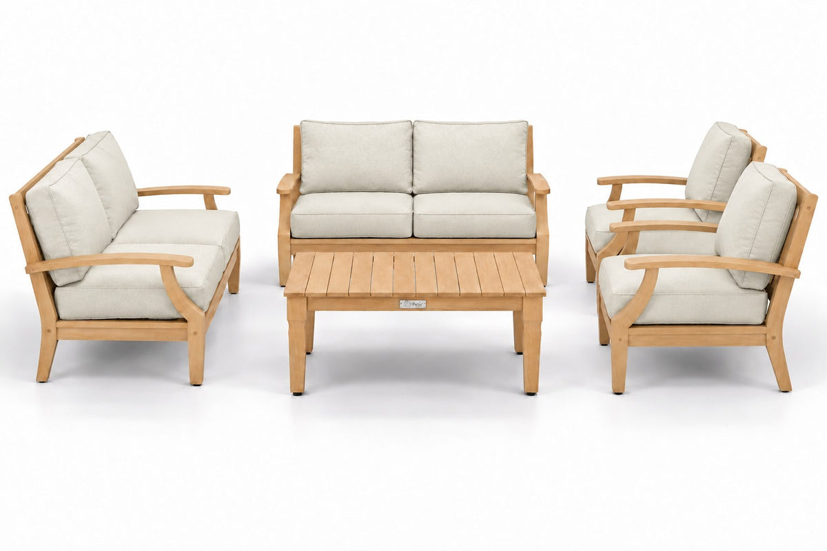 Mila Teak Outdoor Sofa Conversation Set – 5 Piece in Sunbrella 5453 Canvas Canvas | Jr's Patio San Diego
