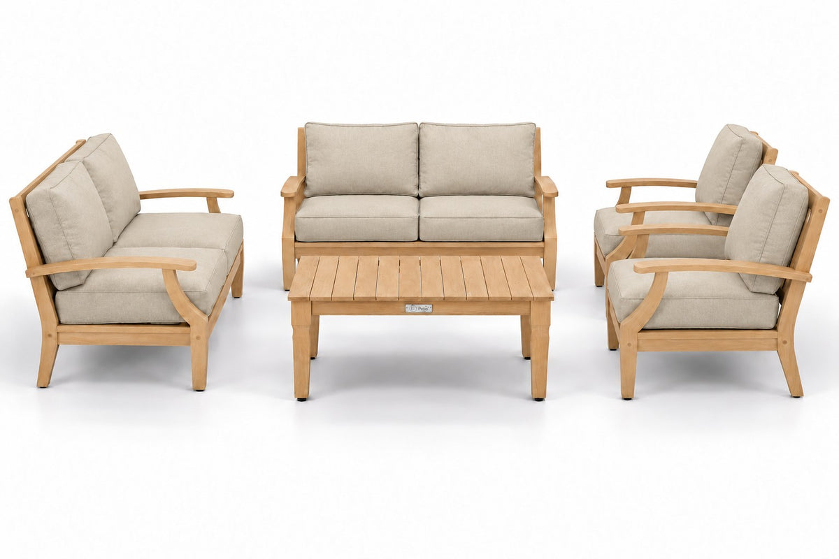 Mila Teak Outdoor Sofa Conversation Set – 5 Piece in Sunbrella 5492 Canvas Flax | Jr's Patio San Diego
