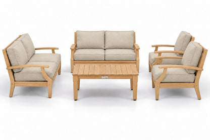 Mila Teak Outdoor Sofa Conversation Set – 5 Piece in Sunbrella 5492 Canvas Flax | Jr's Patio San Diego