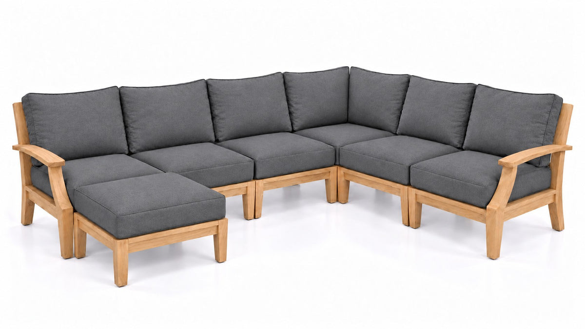 Mila Teak Outdoor U-Shape Sectional – 7 Piece in Sunbrella 40434 Cast Slate | Jr's Patio San Diego
