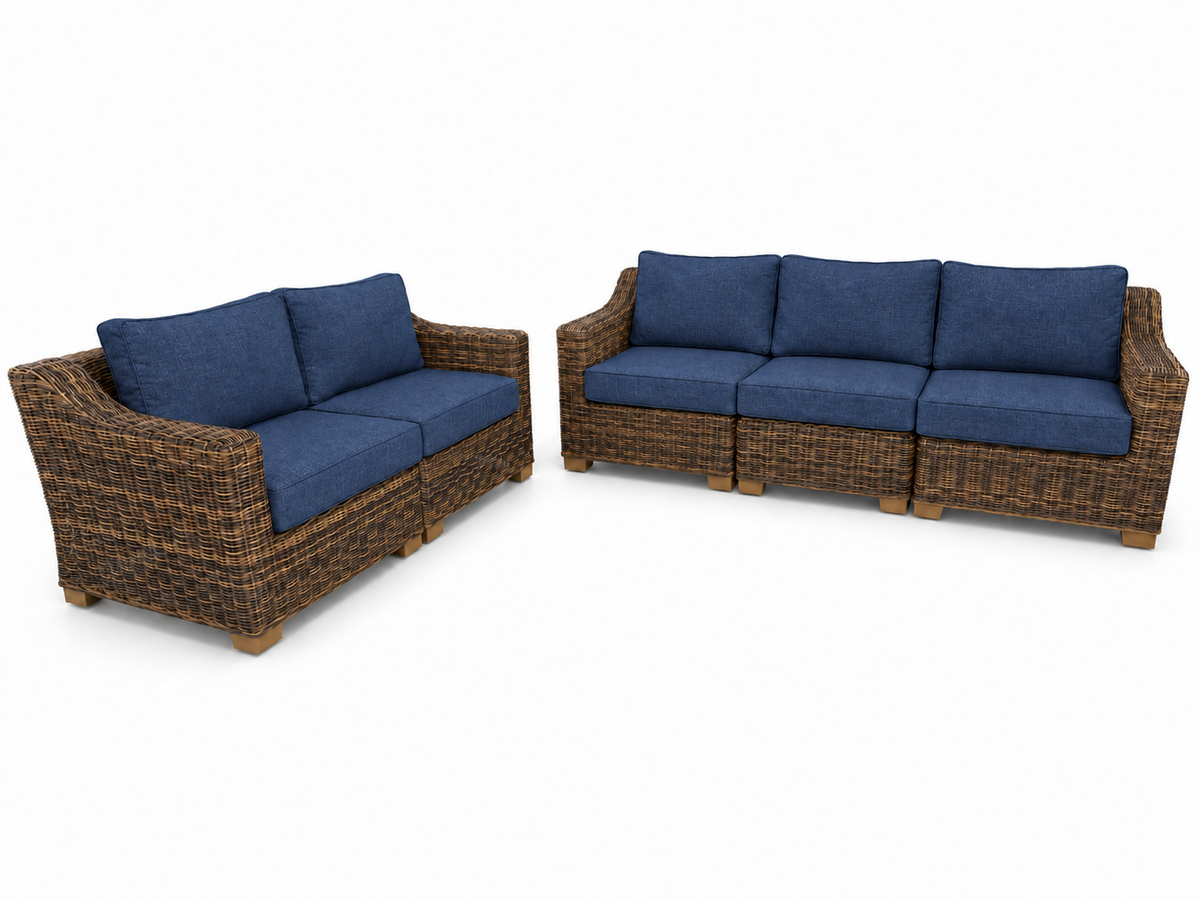 Seacoast – Sofa/Loveseat in brown wicker, Spectrum Indigo (48080)