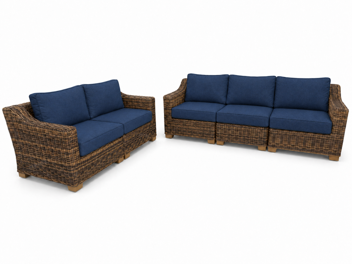 Seacoast – Sofa/Loveseat in brown wicker, Canvas Navy (5439)
