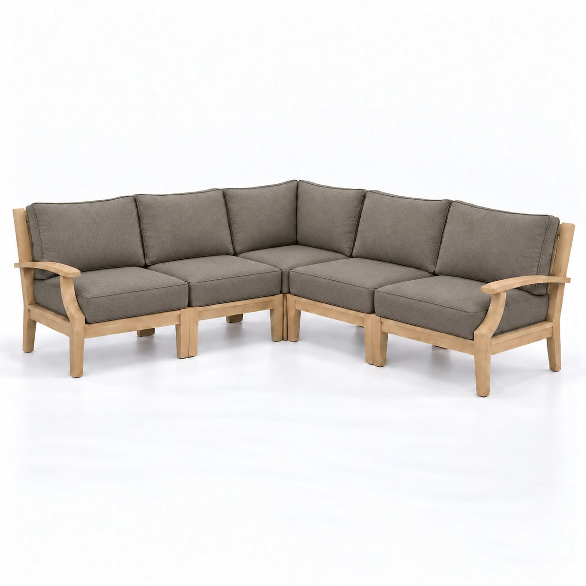 Mila Teak Outdoor Corner Sectional Set – 5 Piece in Sunbrella 40432 Cast Shale | Jr's Patio San Diego