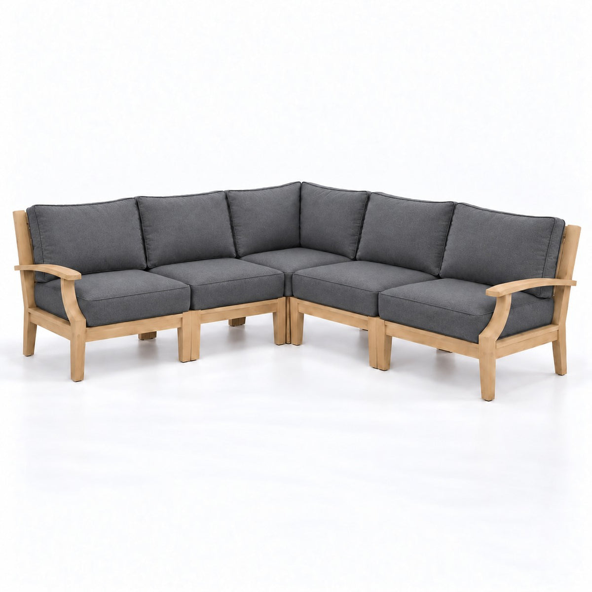 Mila Teak Outdoor Corner Sectional Set – 5 Piece in Sunbrella 40434 Cast Slate | Jr's Patio San Diego
