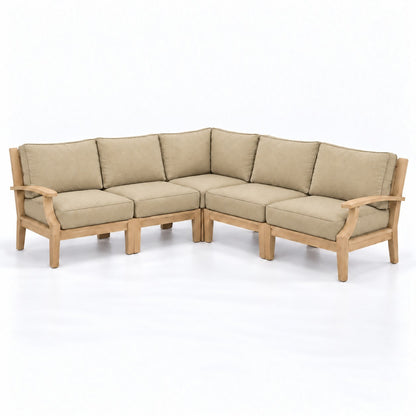 Mila Teak Outdoor Corner Sectional Set – 5 Piece in Sunbrella 48019 Spectrum Sand | Jr's Patio San Diego