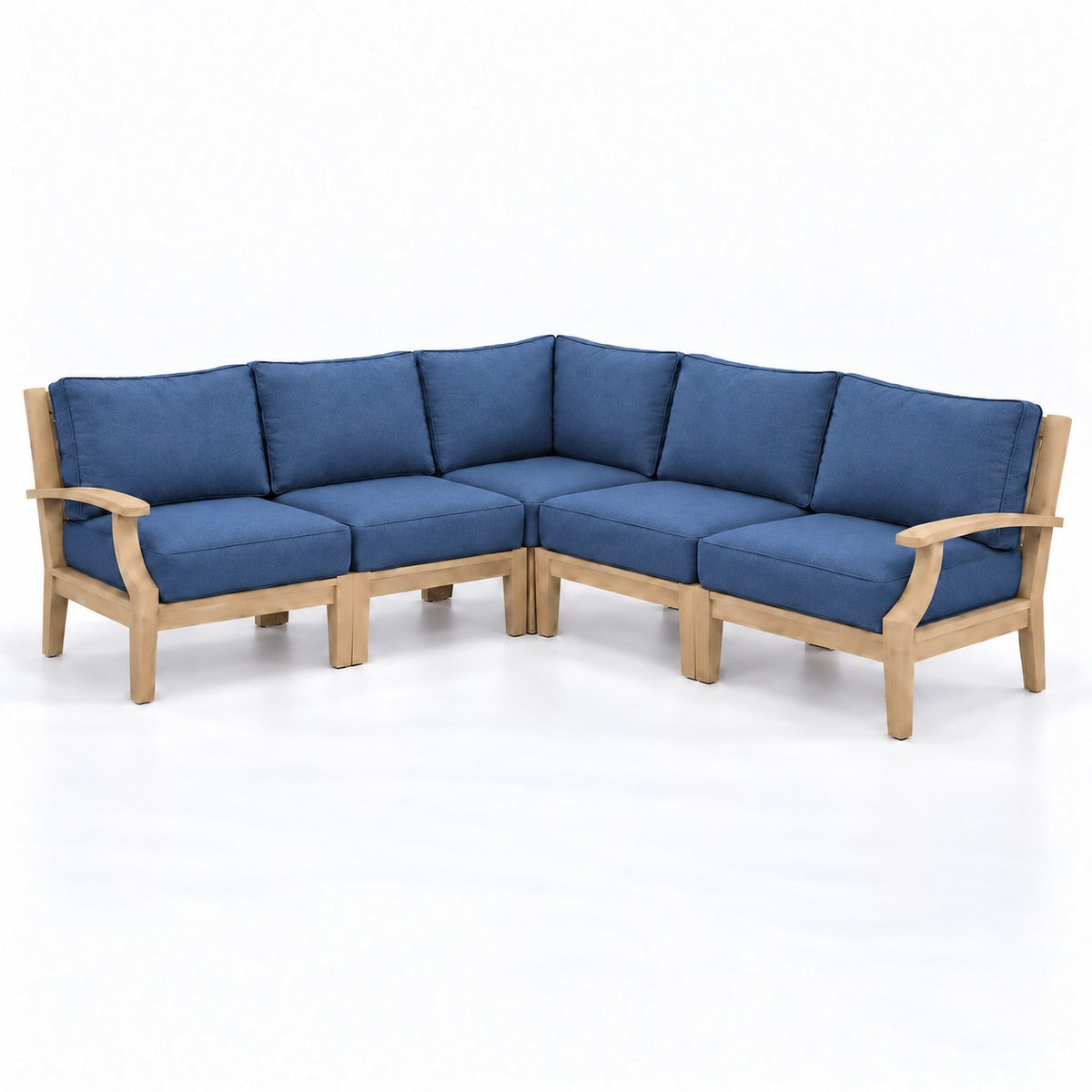 Mila Teak Outdoor Corner Sectional Set – 5 Piece in Sunbrella 48080 Spectrum Indigo | Jr's Patio San Diego