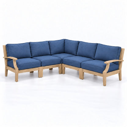 Mila Teak Outdoor Corner Sectional Set – 5 Piece in Sunbrella 48080 Spectrum Indigo | Jr's Patio San Diego