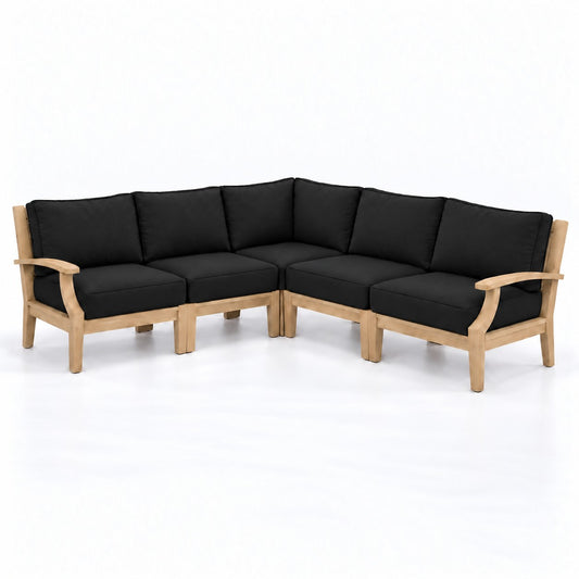 Mila Teak Outdoor Corner Sectional Set – 5 Piece in Sunbrella 5408 Canvas Black | Jr's Patio San Diego