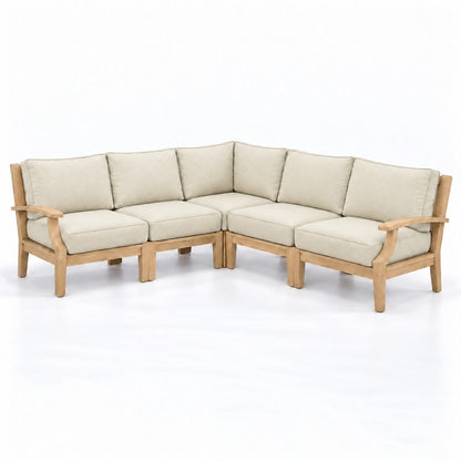 Mila Teak Outdoor Corner Sectional Set – 5 Piece in Sunbrella 5453 Canvas Canvas | Jr's Patio San Diego