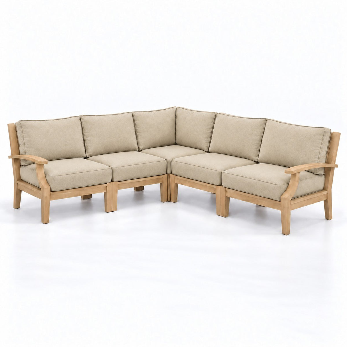 Mila Teak Outdoor Corner Sectional Set – 5 Piece in Sunbrella 5492 Canvas Flax | Jr's Patio San Diego