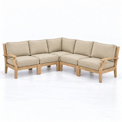 Mila Teak Outdoor Corner Sectional Set – 5 Piece in Sunbrella 5492 Canvas Flax | Jr's Patio San Diego