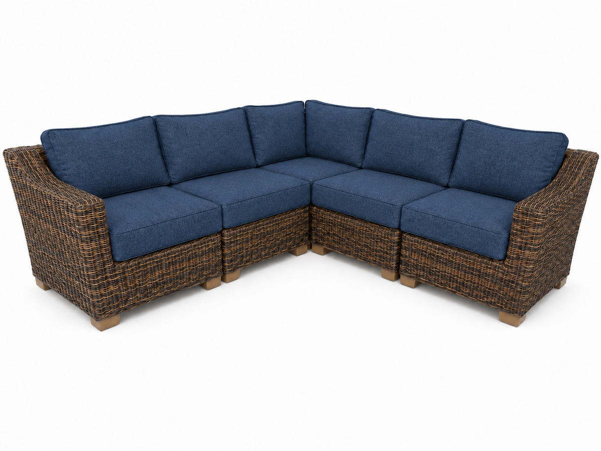 Seacoast – 8x8 Sectional in brown wicker, Spectrum Indigo (48080)