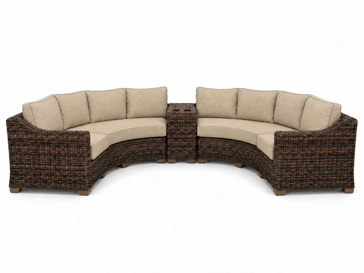 Seacoast – Curved Outdoor Set in brown wicker, Spectrum Sand (48019)