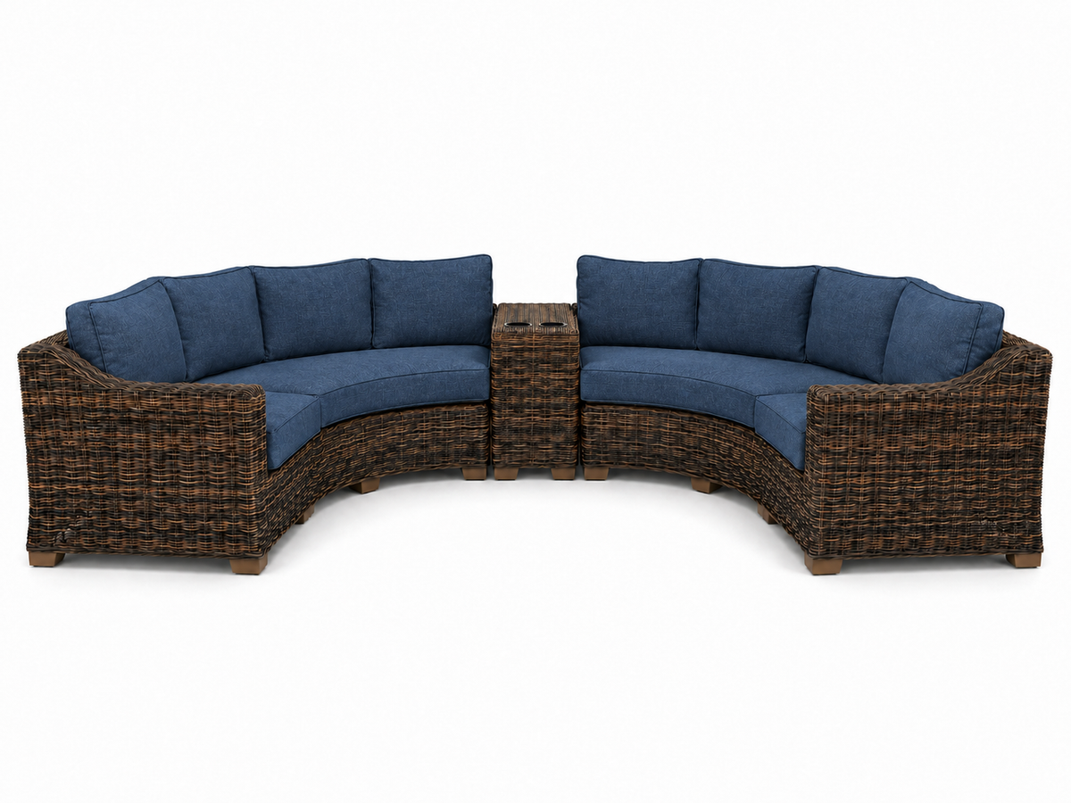Seacoast – Curved Outdoor Set in brown wicker, Spectrum Indigo (48080)