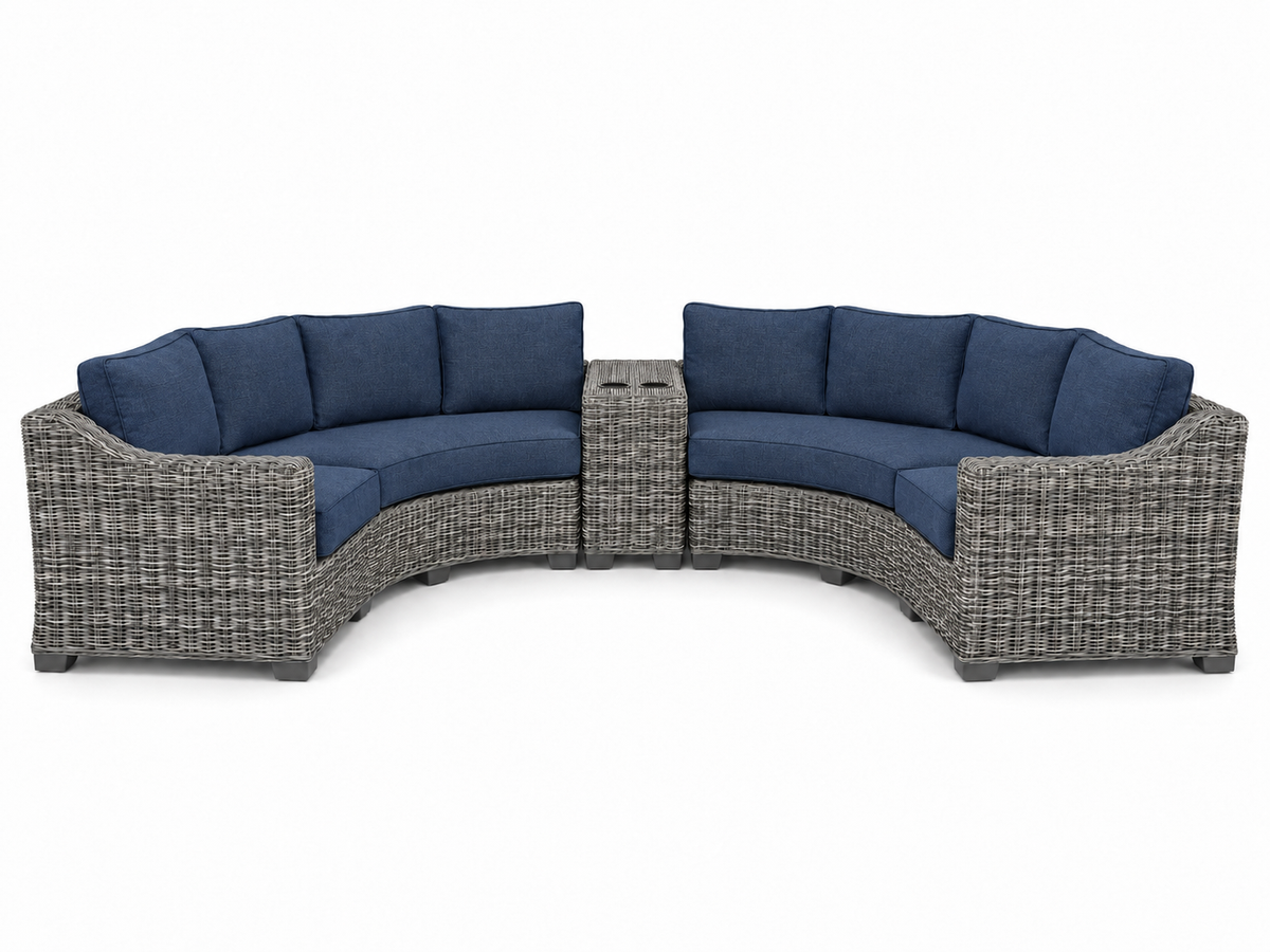 Seacoast – Curved Outdoor Set in gray wicker, Spectrum Indigo (48080)