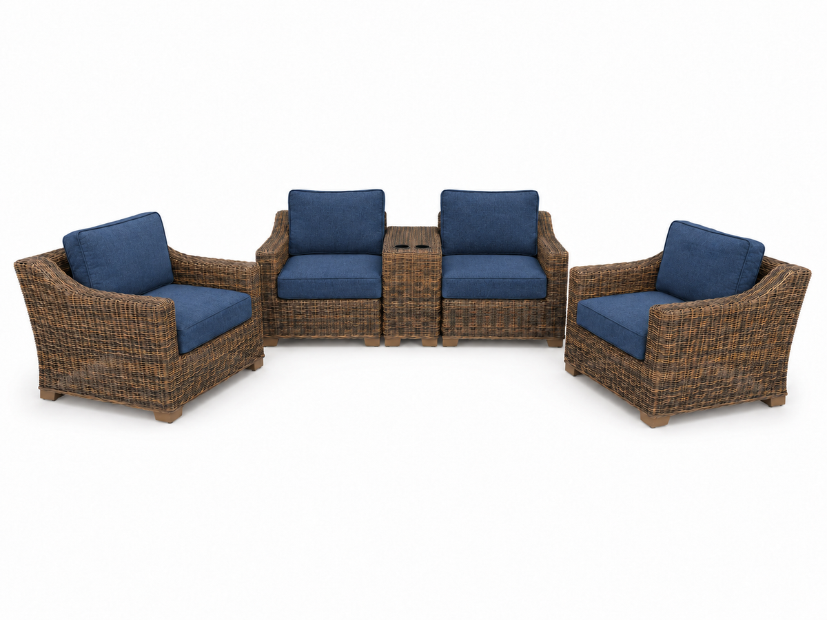 Seacoast – Loveseat Set in brown wicker, Spectrum Indigo (48080)