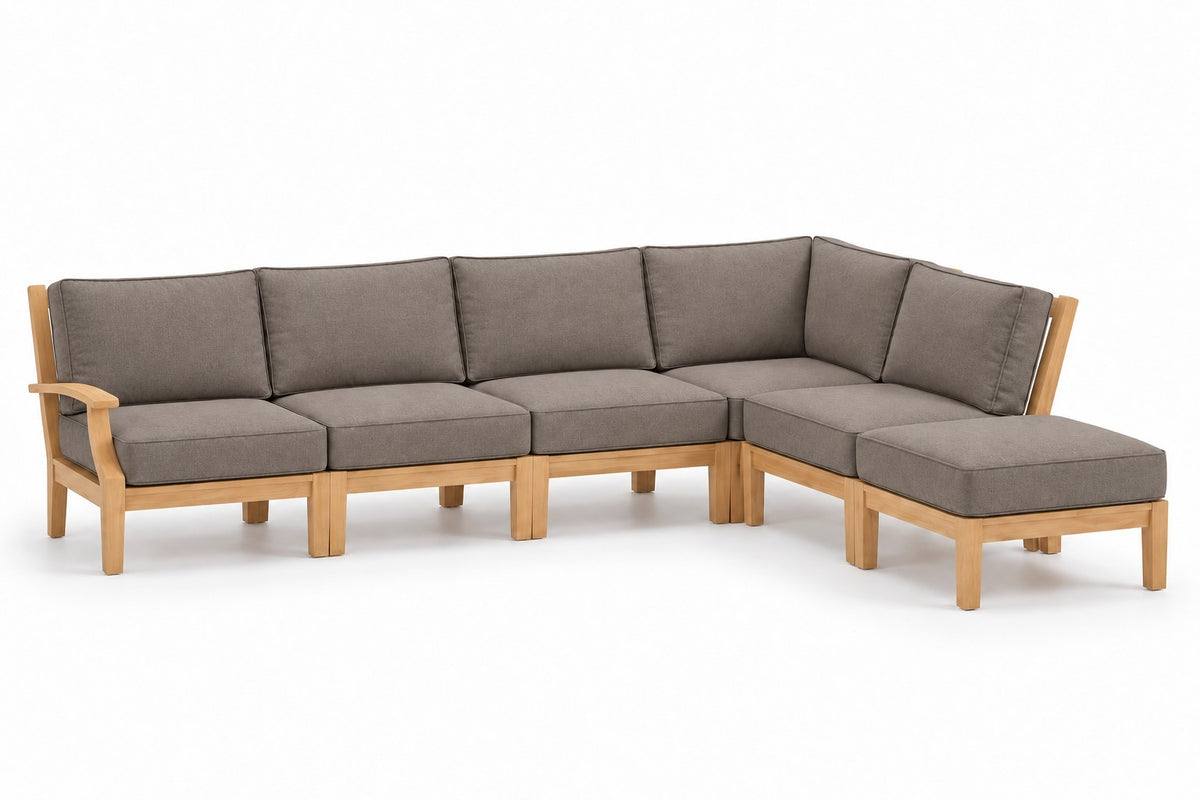 Mila Teak Outdoor Right-Arm Sectional Set – 6 Piece in Sunbrella 40432 Cast Shale | Jr's Patio San Diego