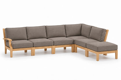 Mila Teak Outdoor Right-Arm Sectional Set – 6 Piece in Sunbrella 40432 Cast Shale | Jr's Patio San Diego