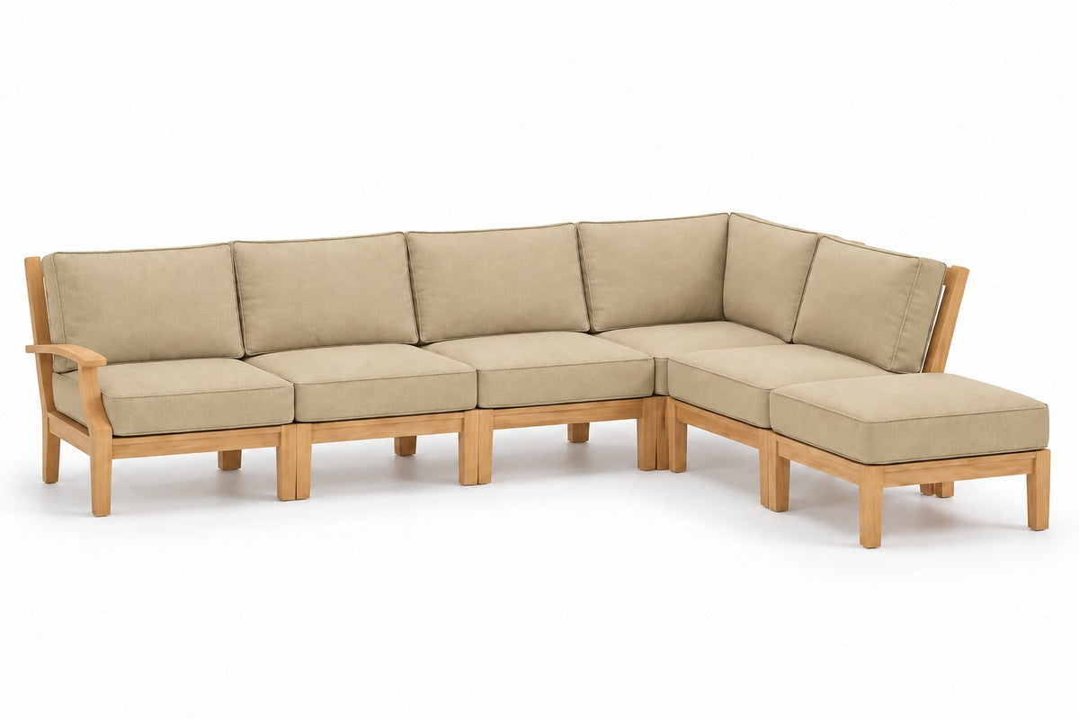 Mila Teak Outdoor Right-Arm Sectional Set – 6 Piece in Sunbrella 48019 Spectrum Sand | Jr's Patio San Diego