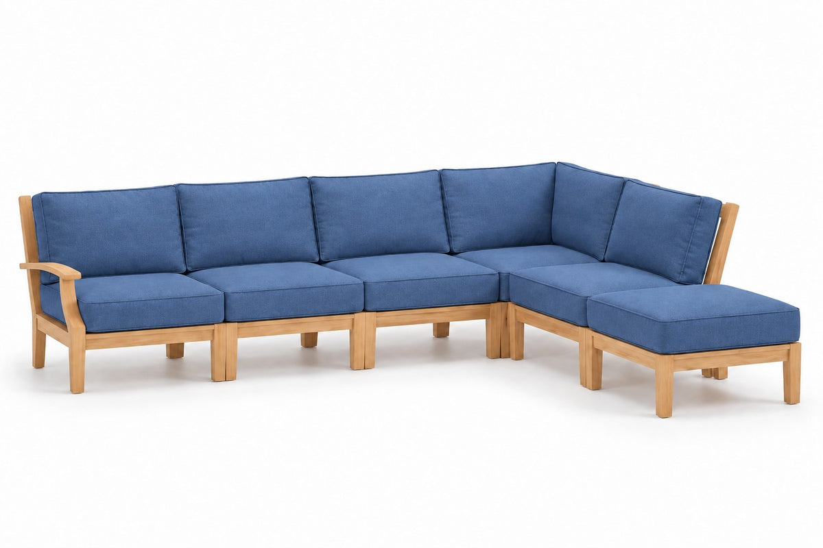 Mila Teak Outdoor Right-Arm Sectional Set – 6 Piece in Sunbrella 48080 Spectrum Indigo | Jr's Patio San Diego