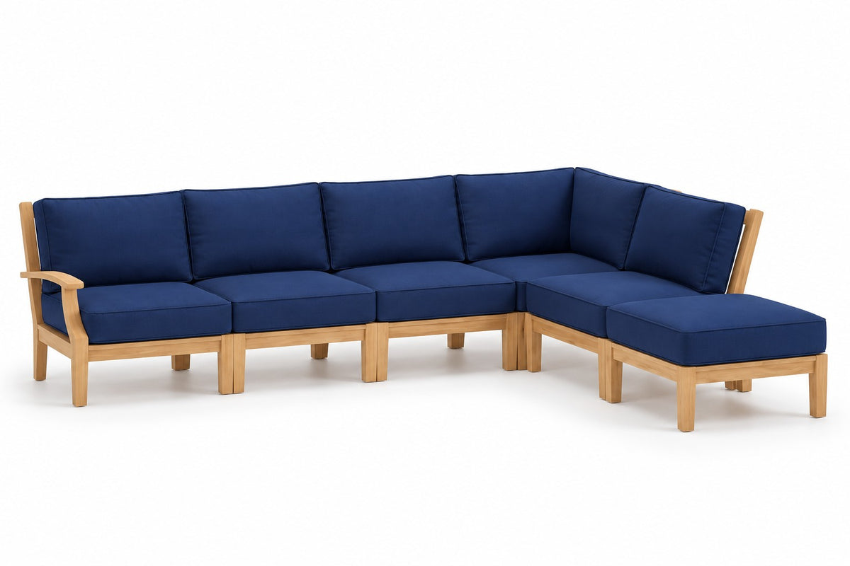 Mila Teak Outdoor Right-Arm Sectional Set – 6 Piece in Sunbrella 5439 Canvas Navy | Jr's Patio San Diego