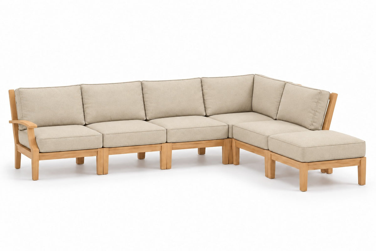 Mila Teak Outdoor Right-Arm Sectional Set – 6 Piece in Sunbrella 5492 Canvas Flax | Jr's Patio San Diego