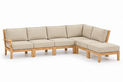 Mila Teak Outdoor Right-Arm Sectional Set – 6 Piece in Sunbrella 5492 Canvas Flax | Jr's Patio San Diego