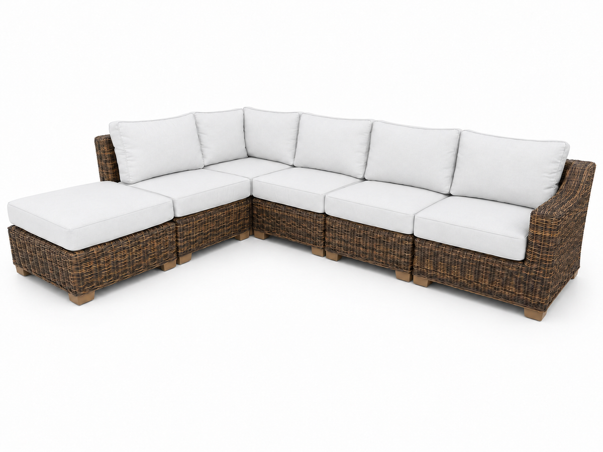 Seacoast – 6pc Sectional Set in brown wicker, Olefin White