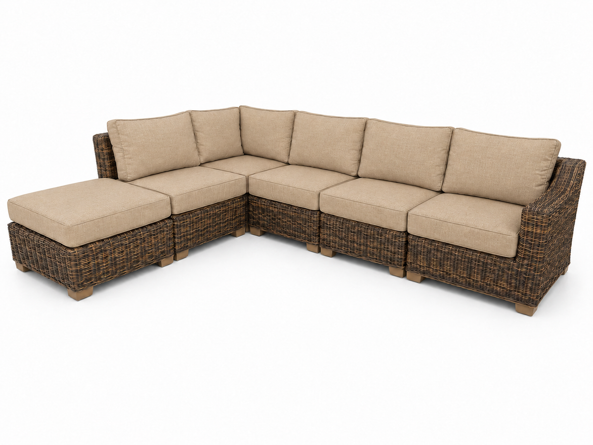 Seacoast – 6pc Sectional Set in brown wicker, Spectrum Sand (48019)