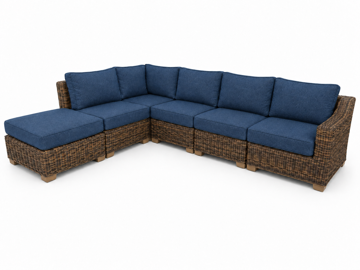 Seacoast – 6pc Sectional Set in brown wicker, Spectrum Indigo (48080)
