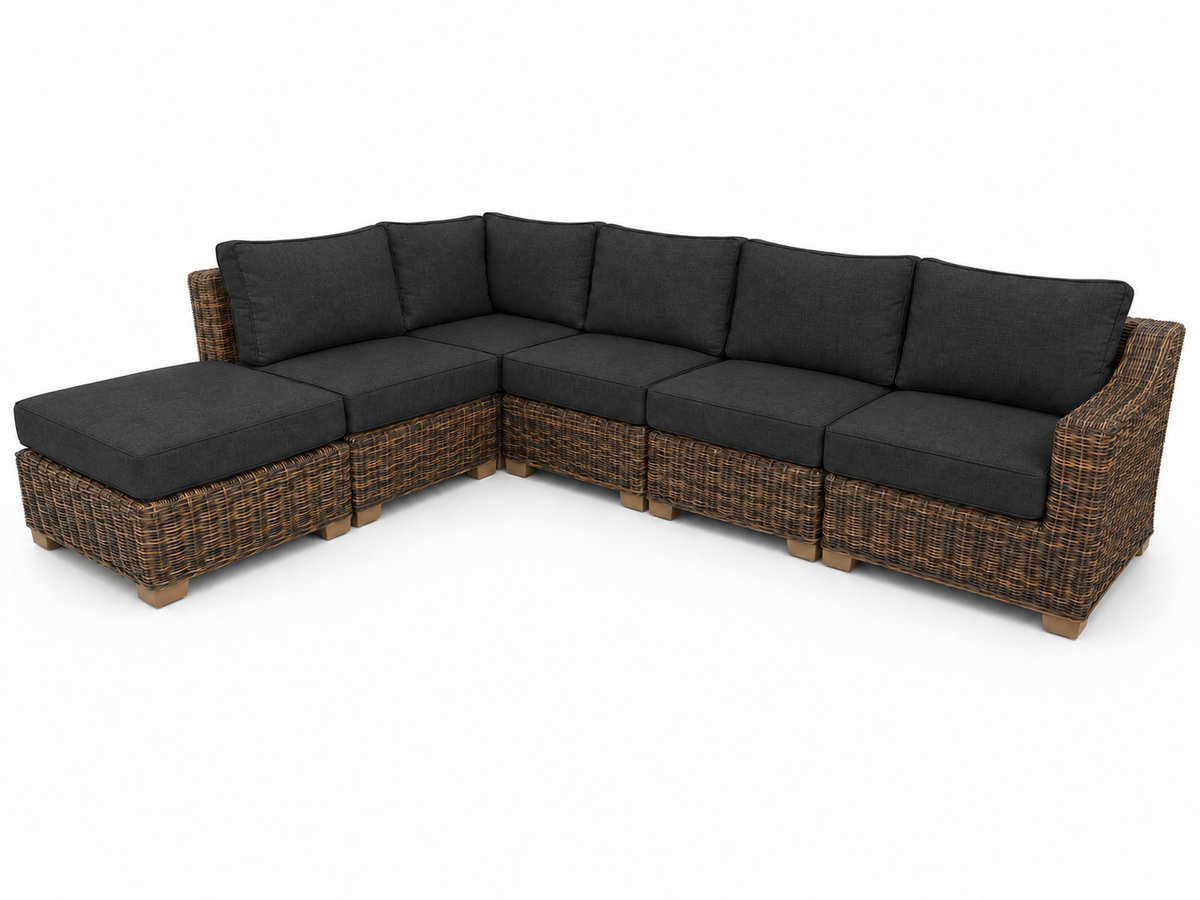Seacoast – 6pc Sectional Set in brown wicker, Canvas Black (5408)