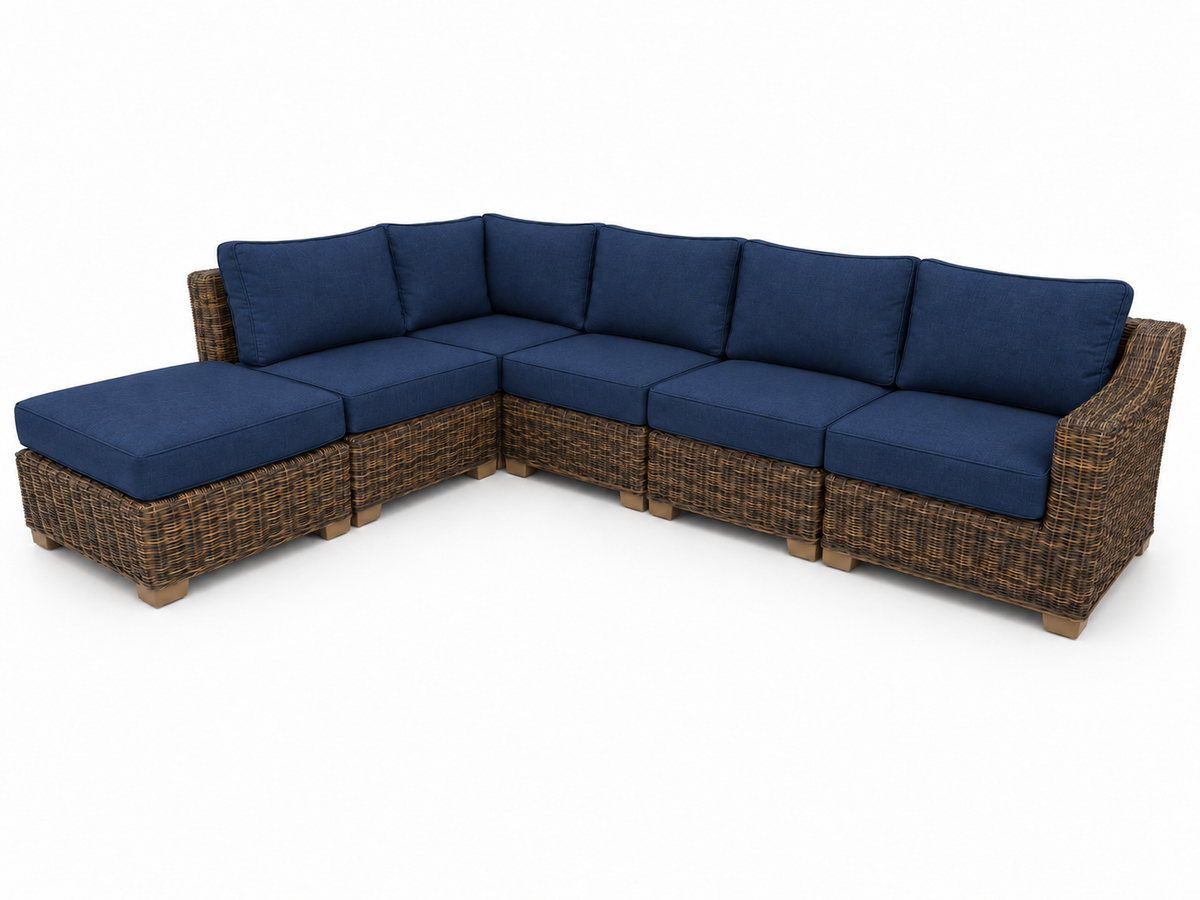 Seacoast – 6pc Sectional Set in brown wicker, Canvas Navy (5439)