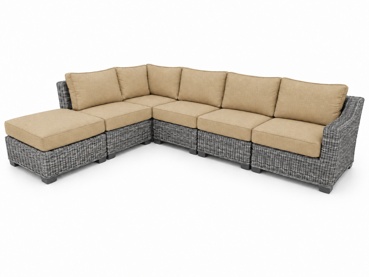 Seacoast – 6pc Sectional Set in gray wicker, Spectrum Sand (48019)