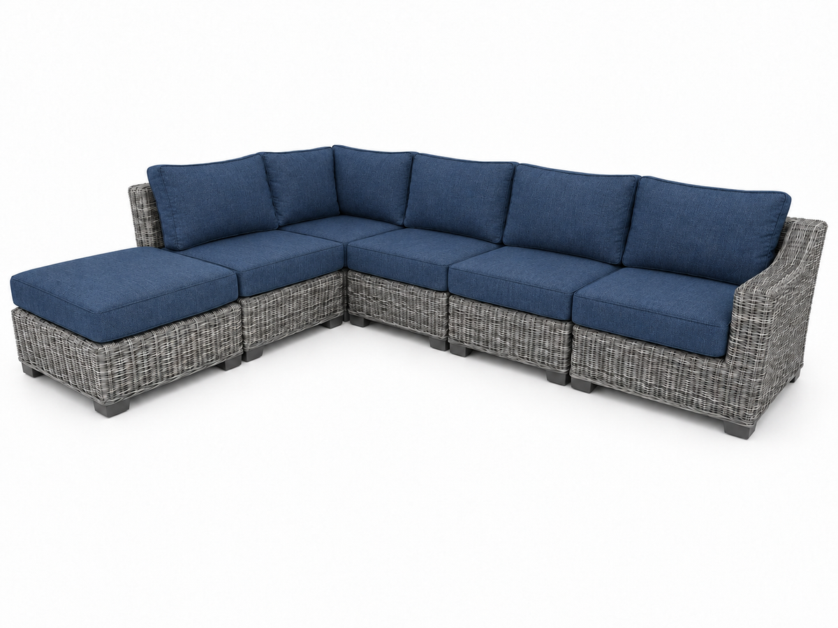 Seacoast – 6pc Sectional Set in gray wicker, Spectrum Indigo (48080)