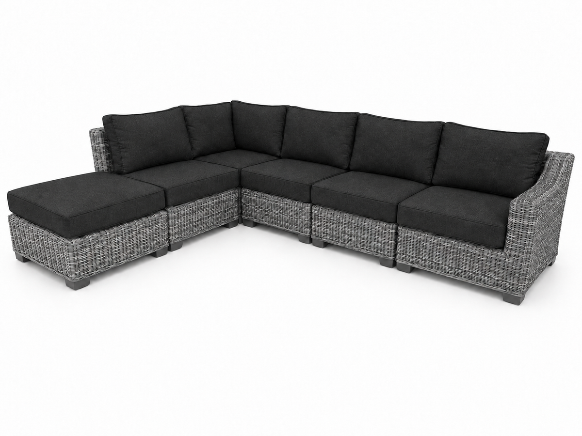 Seacoast – 6pc Sectional Set in gray wicker, Canvas Black (5408)