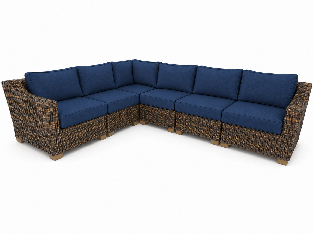 Seacoast – 8 X10 Sectional in brown wicker, Canvas Navy (5439)