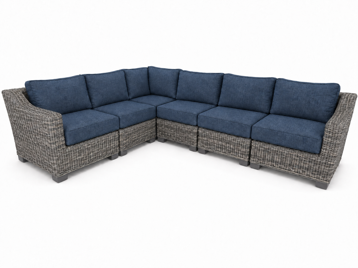 Seacoast – 8 X10 Sectional in gray wicker, Spectrum Indigo (48080)
