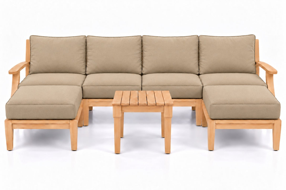 Mila Teak Outdoor U-Shape Sectional with 2 Ottomans – 7 Piece in Sunbrella 48019 Spectrum Sand | Jr's Patio San Diego