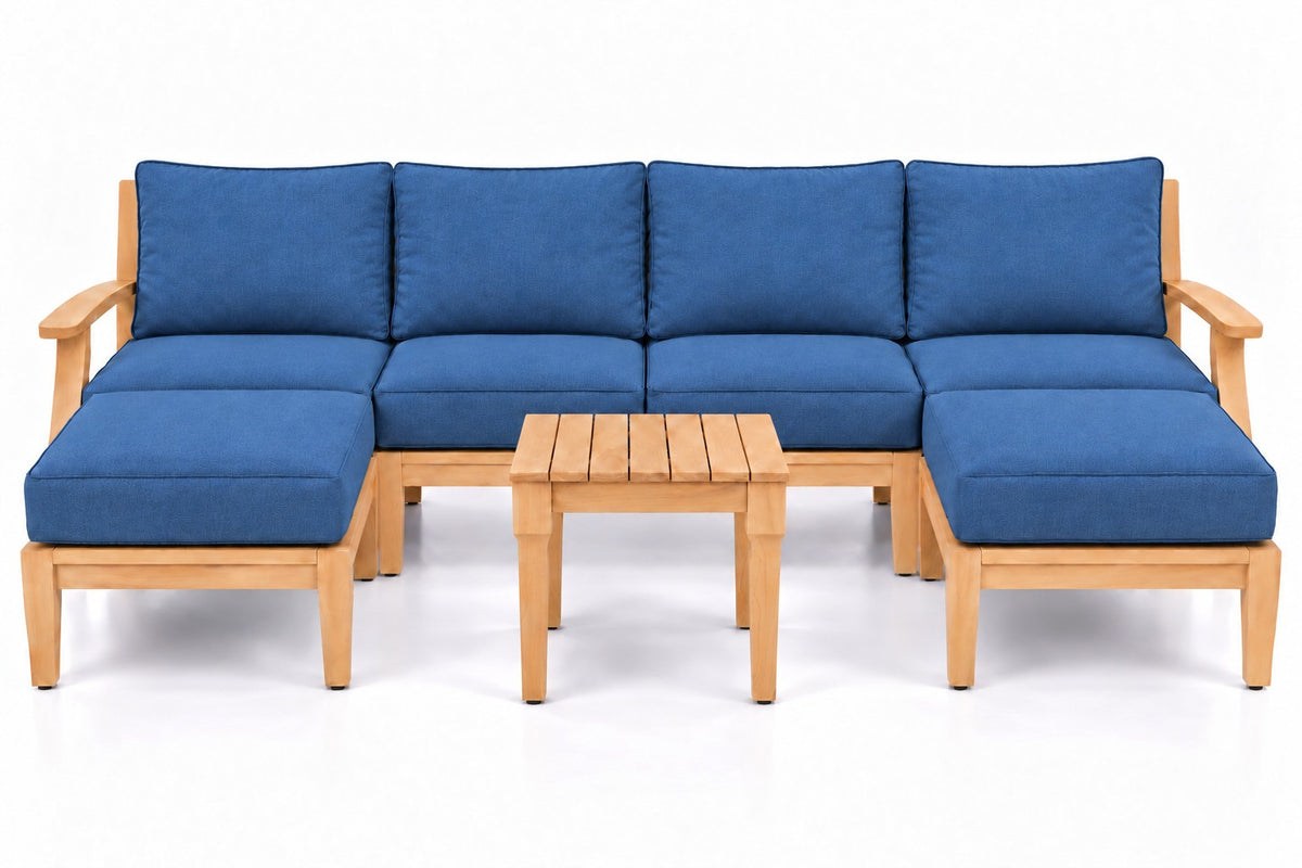 Mila Teak Outdoor U-Shape Sectional with 2 Ottomans – 7 Piece in Sunbrella 48080 Spectrum Indigo | Jr's Patio San Diego