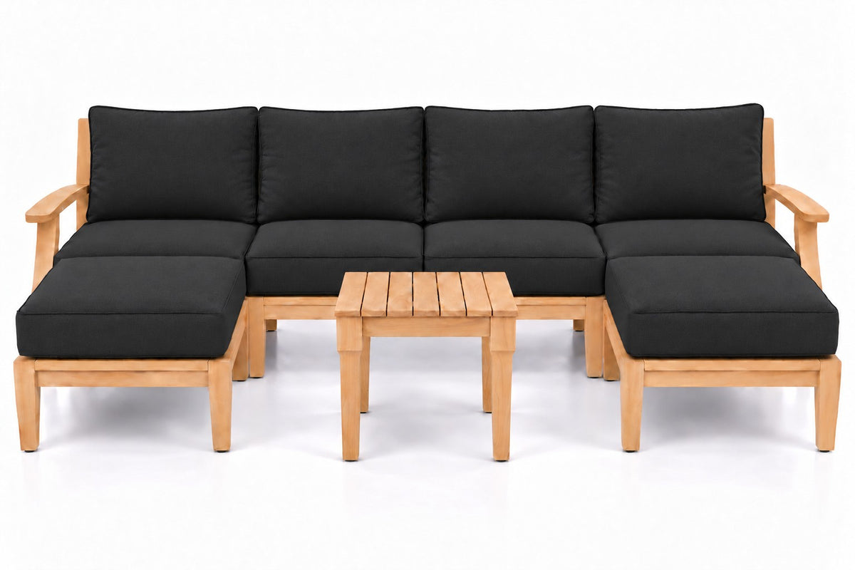 Mila Teak Outdoor U-Shape Sectional with 2 Ottomans – 7 Piece in Sunbrella 5408 Canvas Black | Jr's Patio San Diego