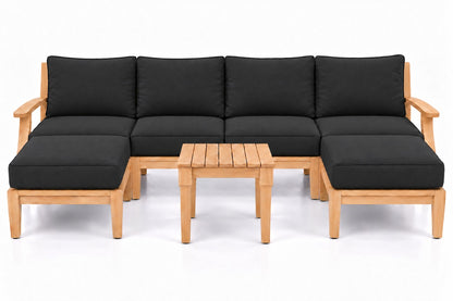 Mila Teak Outdoor U-Shape Sectional with 2 Ottomans – 7 Piece in Sunbrella 5408 Canvas Black | Jr's Patio San Diego