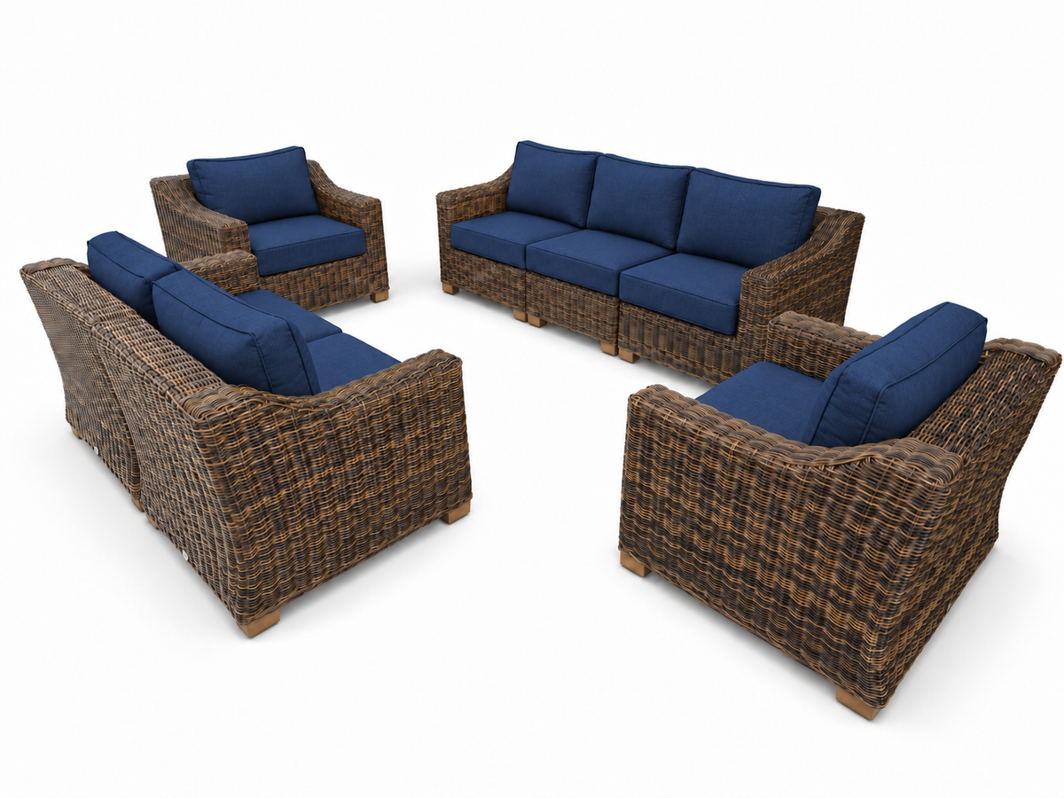 Seacoast – Outdoor Lounge Set in brown wicker, Canvas Navy (5439)